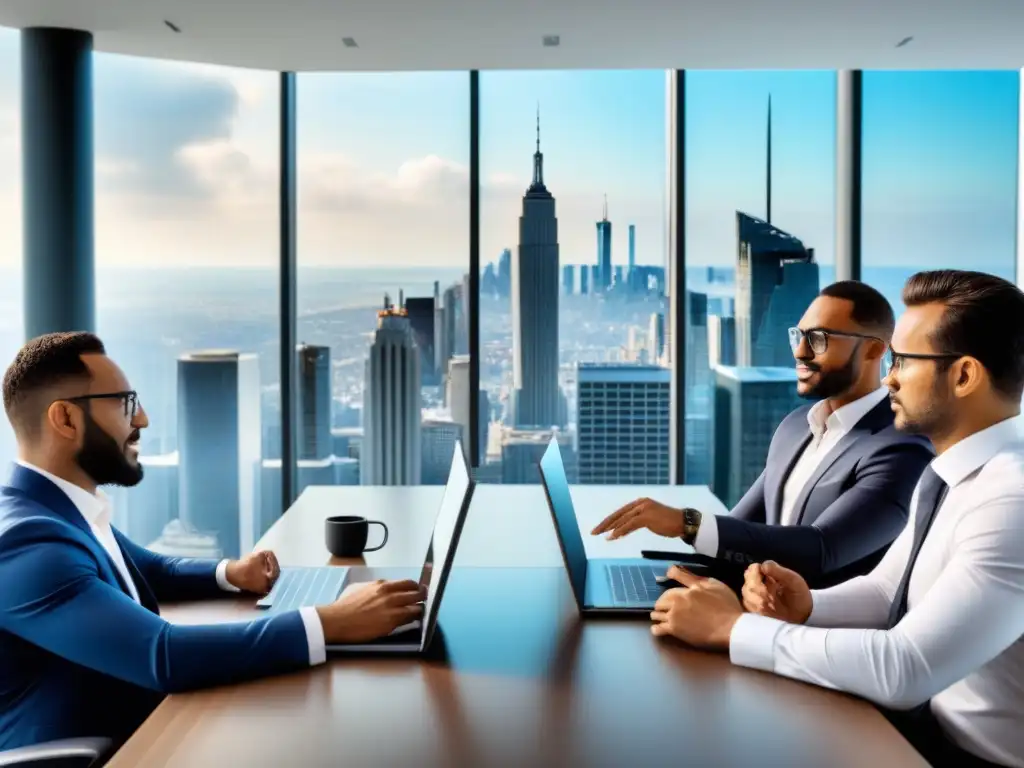 Reunión de profesionales: estrategias de inversión inmobiliaria Profesionales en reunión de sindicación inmobiliaria para inversores en sala moderna con vista panorámica