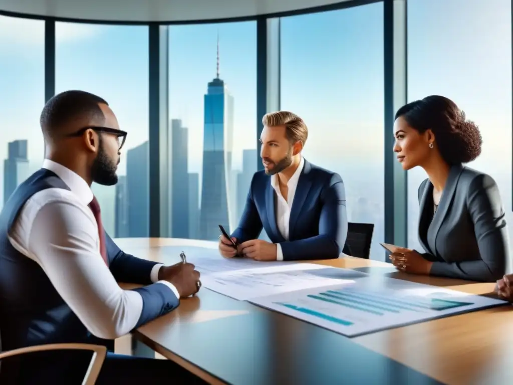 Profesionales expertos debaten estrategias de inversión inmobiliaria Profesionales en reunión de inversión inmobiliaria, mostrando ventajas préstamo jumbo