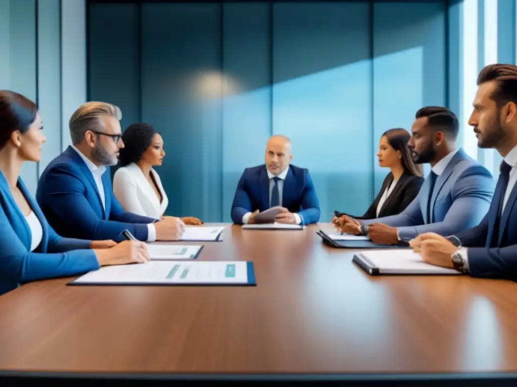 Expertos en Finanzas Inmobiliarias en Reunión Profesionales en reunión sobre leyes financiamiento inmobiliario inversión en oficina sofisticada