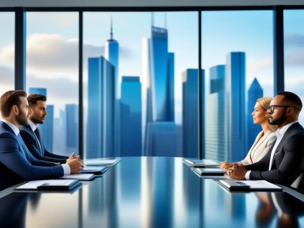 Negociación estratégica en sala de juntas moderna Profesionales en reunión de negociación con técnicas de negociación préstamos inmobiliarios