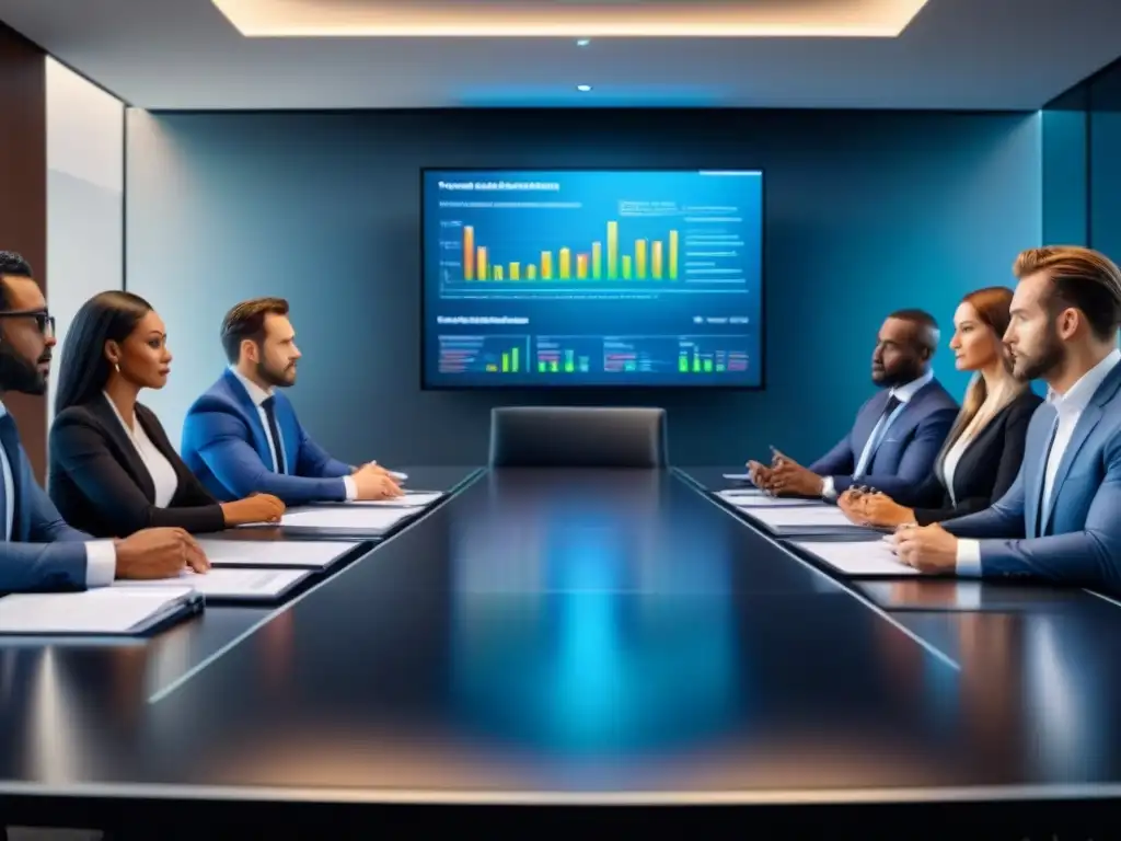 Profesionales en reunión: Documentos financieros en mesa interactiva 8k Profesionales en reunión en oficina moderna con gráficos financieros en mesa interactiva, discutiendo errores financiamiento proyectos inmobiliarios