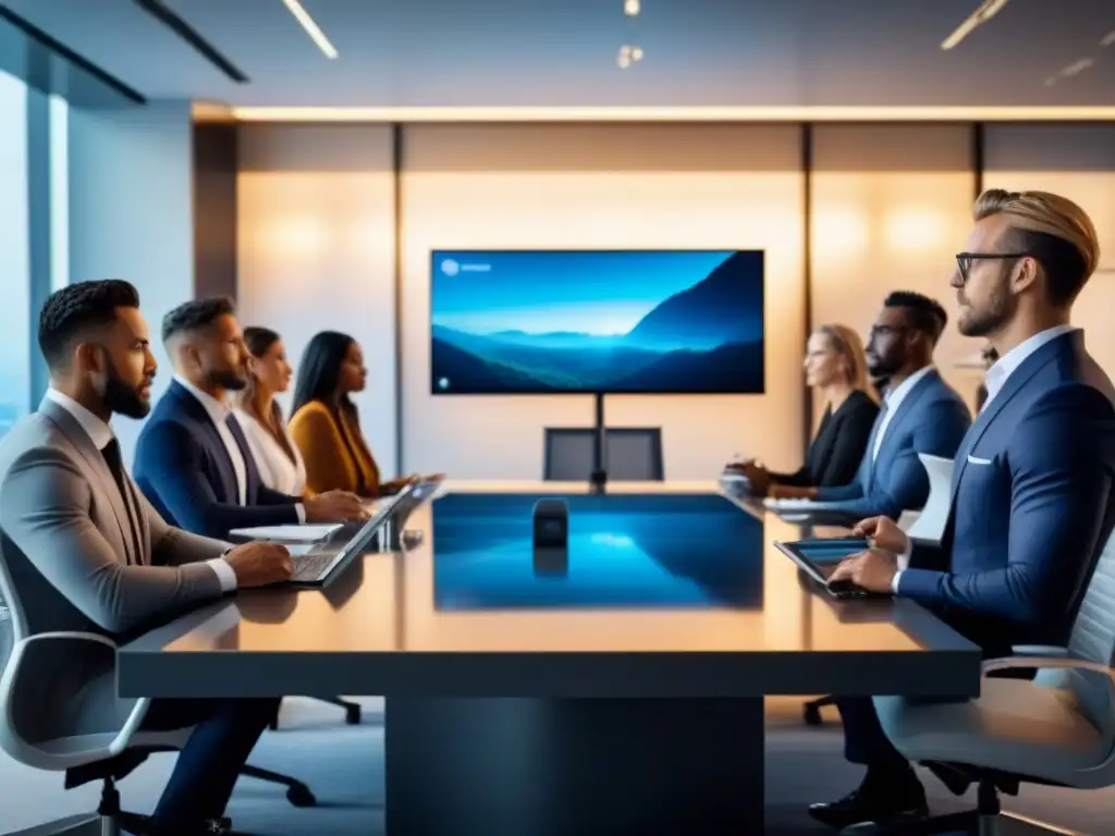 Profesionales diversificados en reunión de estrategias de inversión inmobiliaria en oficina moderna Profesionales en reunión en oficina moderna, analizando estrategias de inversión en propiedades vacacionales y redes sociales