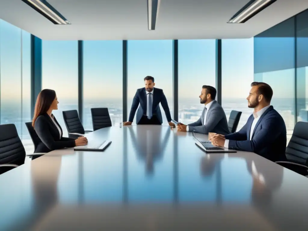 Profesionales en reunión: Ética en Financiamiento Inmobiliario Profesionales en reunión en una oficina moderna, iluminada por luz natural, con banner de 'Ética en Financiamiento Inmobiliario' en el fondo