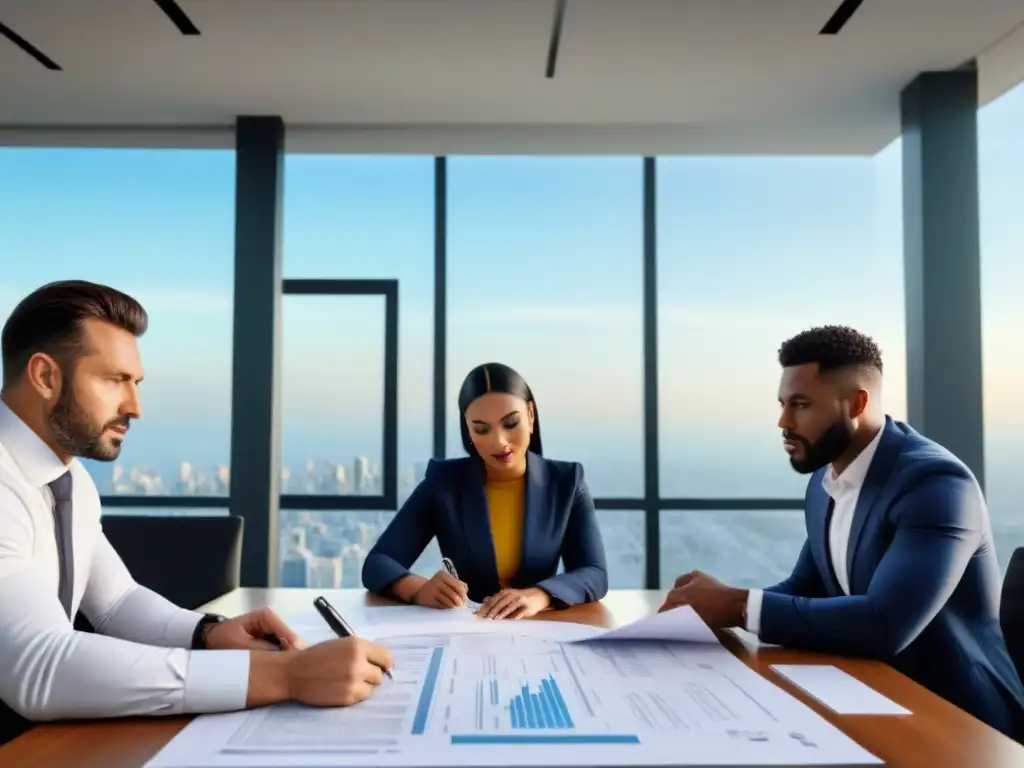 Profesionales colaborando en compra de viviendas Profesionales en reunión discuten pasos para comprar vivienda en oficina moderna con vista urbana