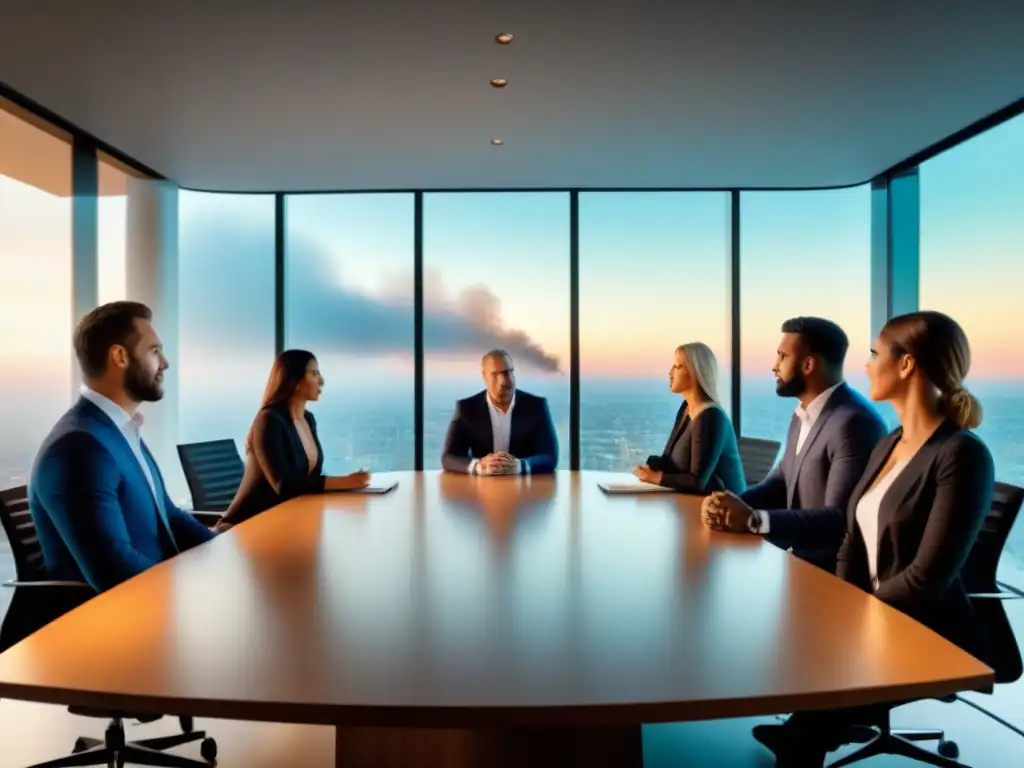 Profesionales en mesa moderna: coloquio iluminado Profesionales en reunión, discutiendo con determinación en una sala moderna
