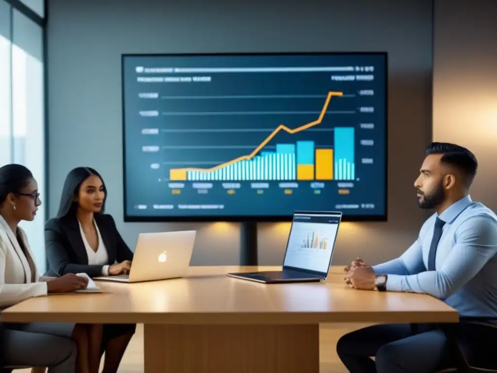 Profesionales en reunión: análisis financiero en oficina moderna Profesionales en reunión de trabajo analizando gráficos financieros en una oficina moderna