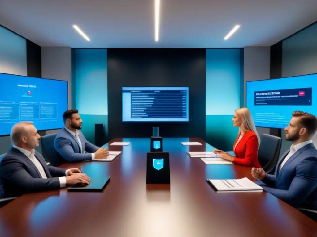 Profesionales innovadores resuelven deudas inmobiliarias Profesionales en sala de juntas, discutiendo sobre consolidación de deudas inmobiliarias en crisis