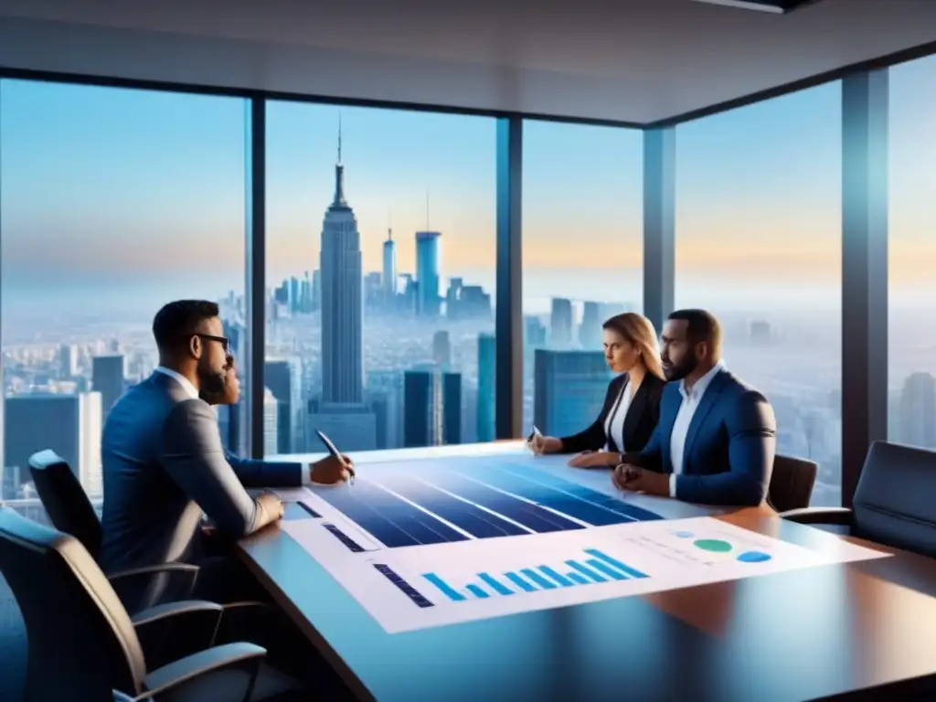 Profesionales analizan gráficos financieros en sala futurista Profesionales colaboran en la sala de juntas del futuro, analizando gráficos financieros