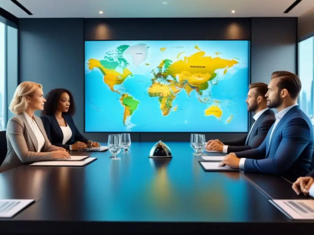 Estrategias de inversión inmobiliaria global en sala de juntas moderna Profesionales en sala de juntas moderna, discutiendo estrategias financieras globales