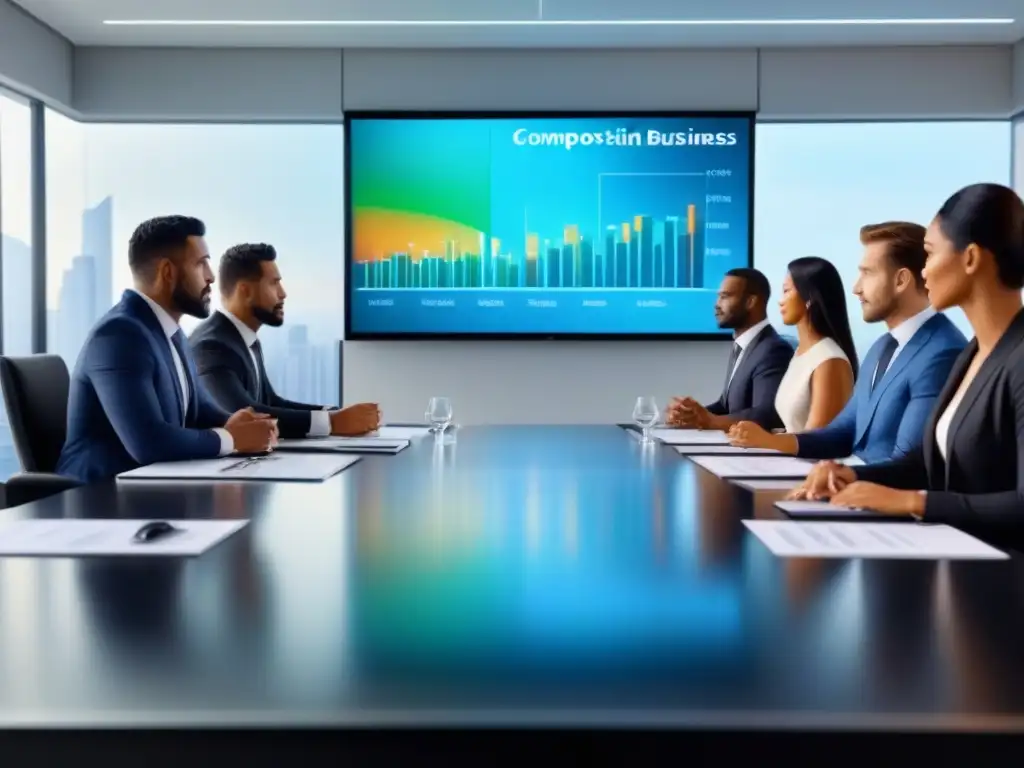Profesionales en reunión: Futuro financiero en 8k Profesionales debatiendo en sala luminosa con gráficos financieros