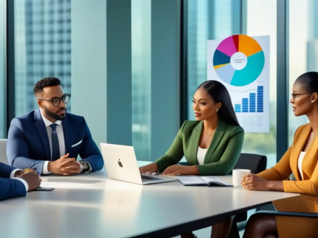 Profesionales en reunión: colaboración y expertise financiero Profesionales colaborando en una sala moderna con luz natural, mostrando gráficos financieros en laptops