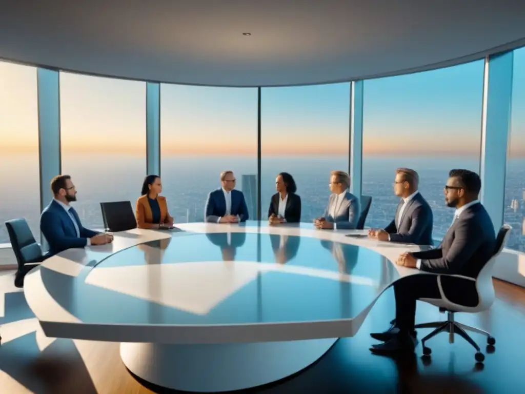 Profesionales debatiendo en una sala moderna con tecnología avanzada y vista a la ciudad