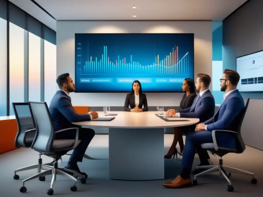 Reunión estratégica de profesionales financieros Profesionales colaborando en sala de reuniones, analizando gráficos financieros en pantalla digital