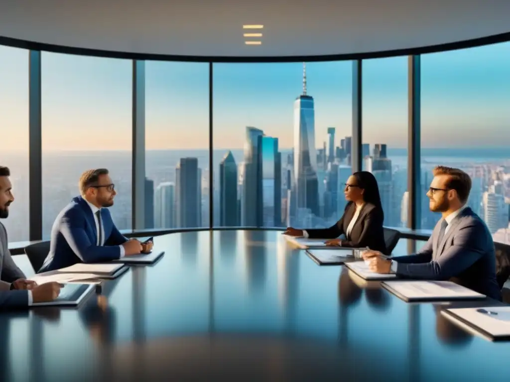 Inversión en Bienes Raíces: Profesionales colaboran en ciudad cosmopolita Profesionales colaboran en una sala con vista panorámica de ciudad, discutiendo estrategias de inversión inmobiliaria extranjera