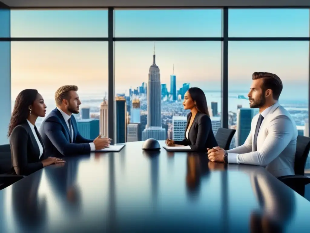 Profesionales debaten en panorama urbano - Finanzas inmobiliarias Profesionales de diferentes sectores discuten en una sala con vista a la ciudad