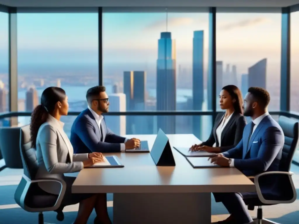Profesionales discutiendo seguros en gestión inmobiliaria en moderna sala de juntas con vista a la ciudad