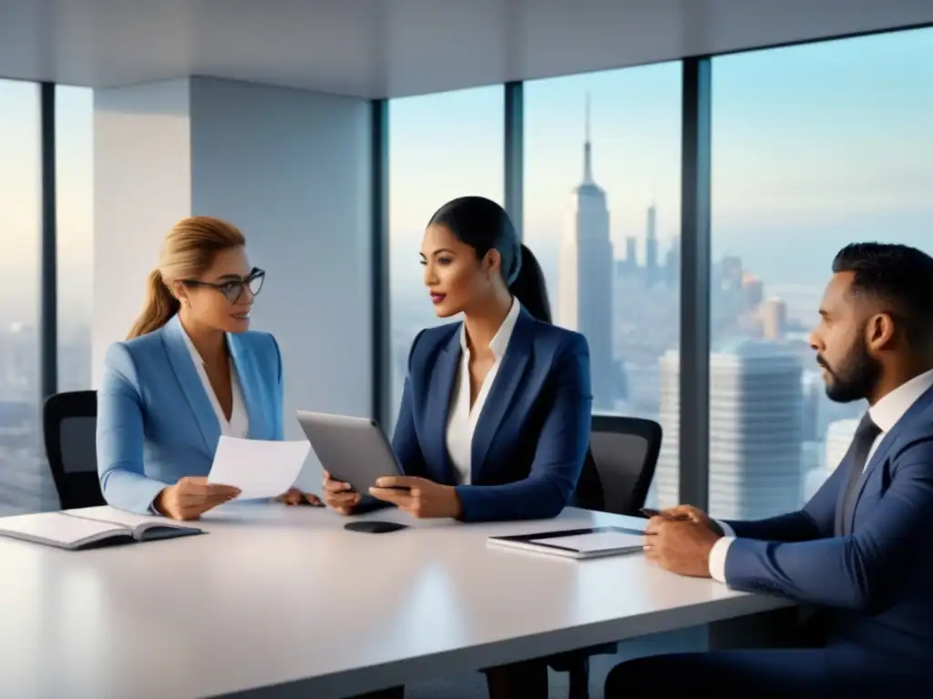 Profesionales de seguros inmobiliarios en oficina moderna Profesionales de seguros inmobiliarios discuten en oficina moderna
