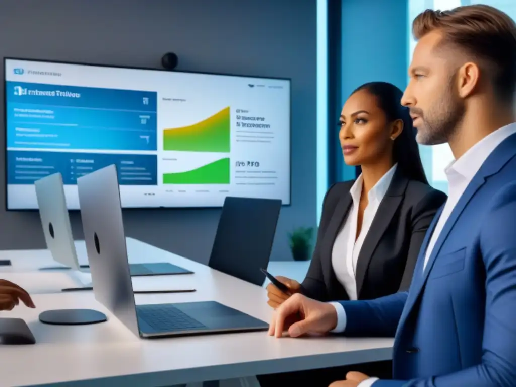 Profesionales de seguros debatiendo en oficina moderna Profesionales de seguros en oficina moderna discuten programas afiliados seguros propiedad, representando diversidad y expertise