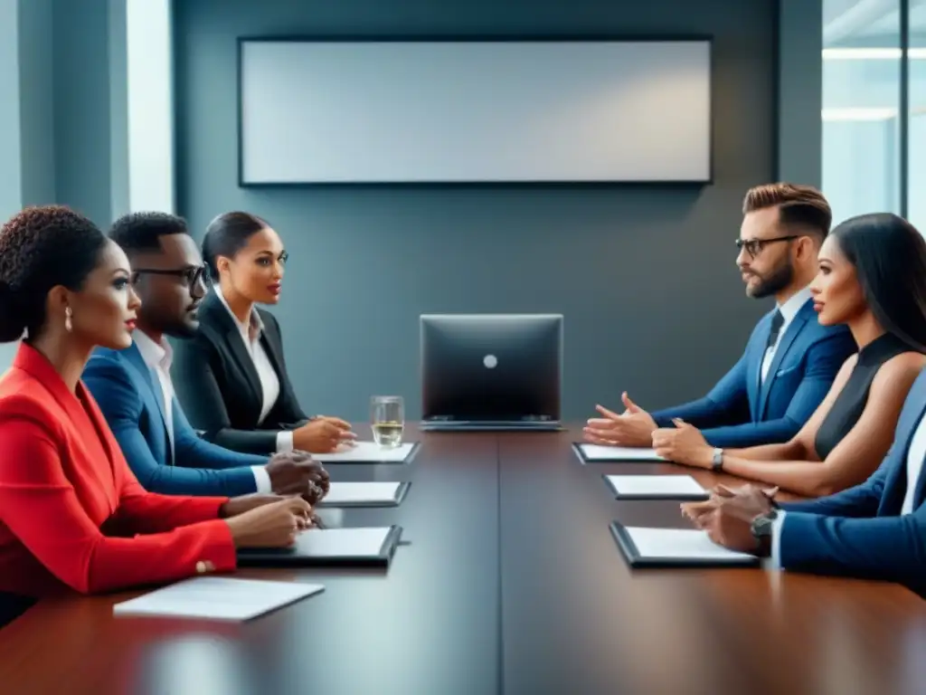 Profesionales discutiendo seguros en oficina moderna Profesionales diversos discuten seguros de responsabilidad en elegante oficina