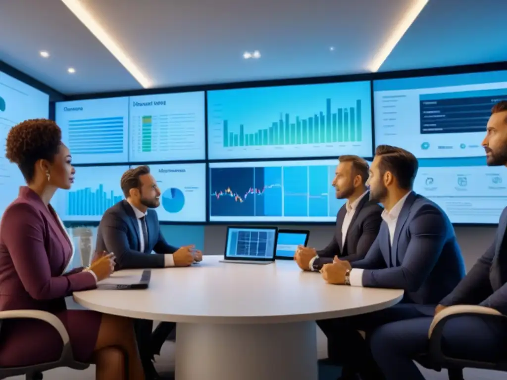Profesionales en reunión: inversión inmobiliaria innovadora Profesionales serios discuten sobre errores inversores crowdfunding inmobiliario en moderna sala de reuniones