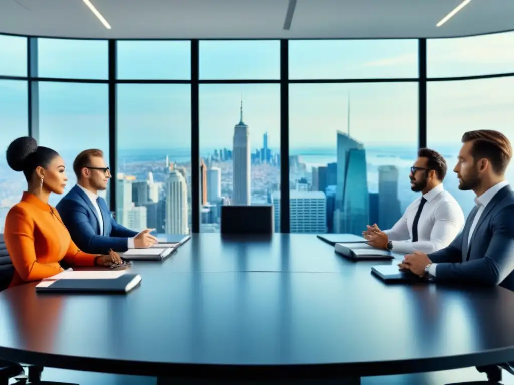Profesionales expertos en inmobiliaria en discusión Profesionales serios discuten financiamiento inmobiliario para inversores en moderna oficina