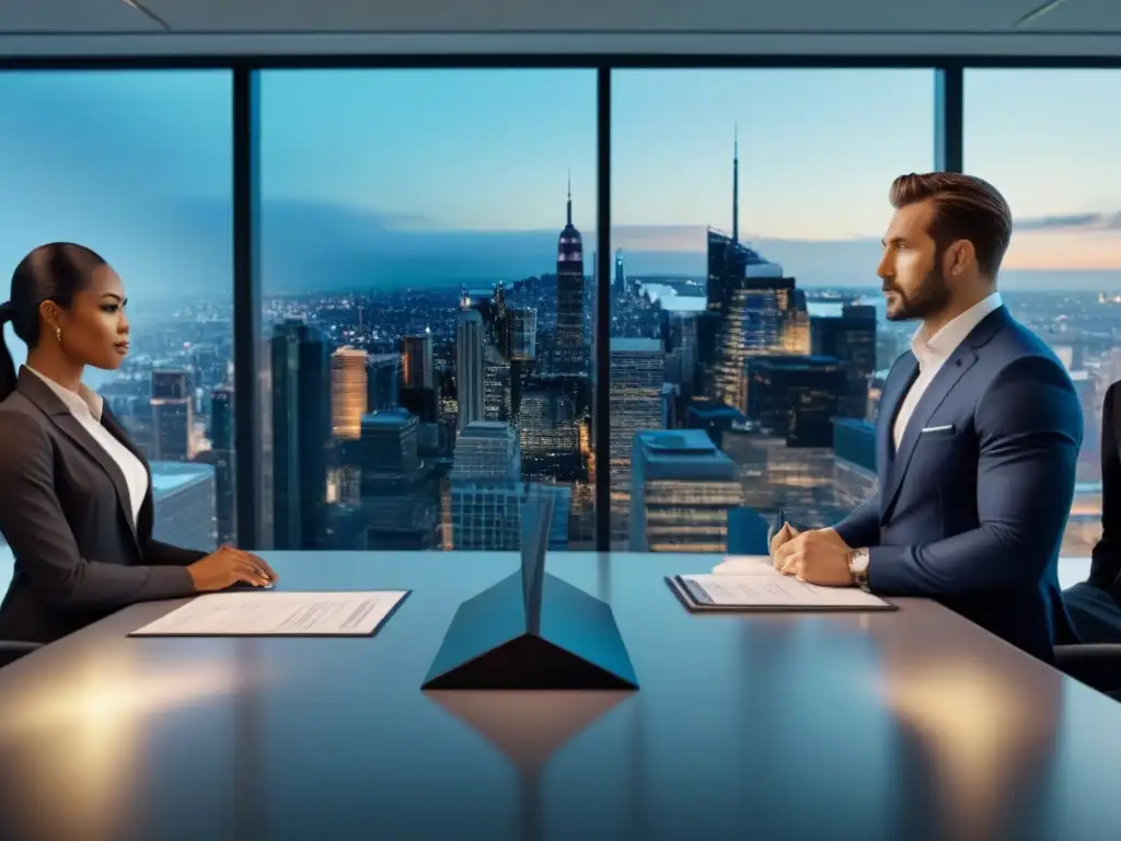 Profesionales debaten inversiones inmobiliarias en oficina moderna Profesionales serios analizan gráficos de inversión en REITs comerciales en moderna oficina corporativa