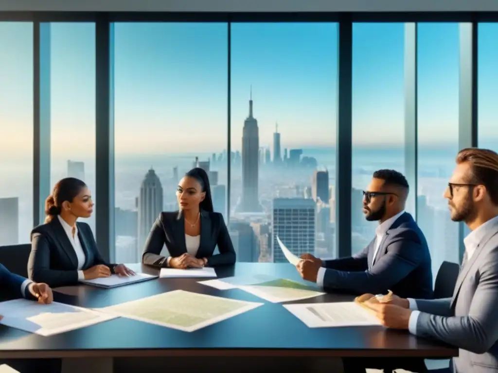 Profesionales debaten regulaciones inmobiliarias internacionales Profesionales serios discuten regulaciones inmobiliarias para inversores en moderna oficina con vista a la ciudad