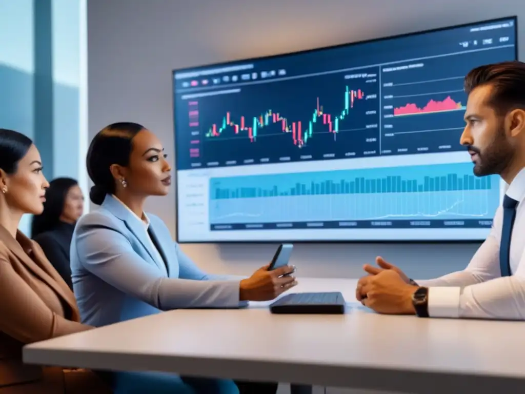 Profesionales colaborativos en workshop financiero Profesionales diversos discuten soluciones frente a gráficos financieros
