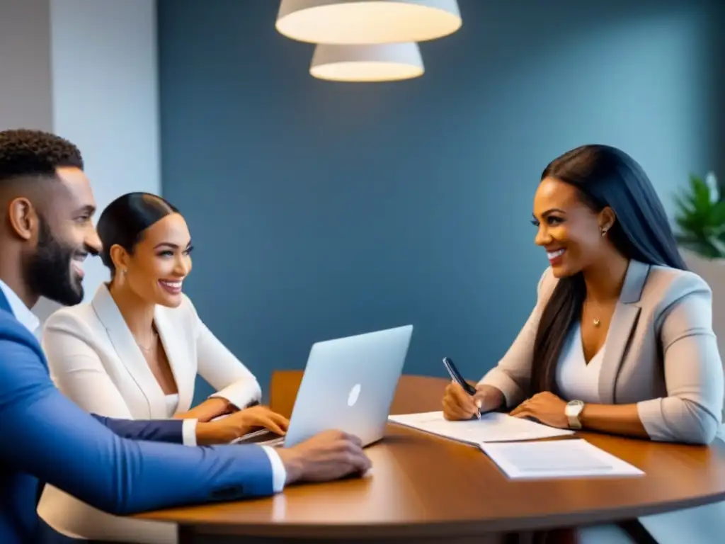 Profesionales sonrientes planificando estrategias financieras en una oficina moderna Profesionales sonrientes discuten estrategias financieras en una sala moderna y luminosa