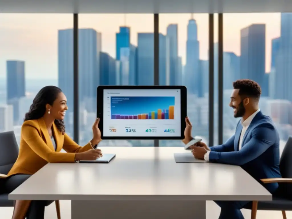 Profesionales diversificados discuten financiamiento inmobiliario en oficina moderna Profesionales sonrientes de diversas etnias y géneros discuten opciones financiamiento inmobiliario en moderna oficina urbana