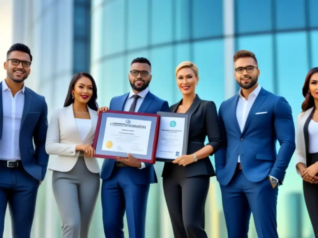 Equipo de profesionales inmobiliarios con certificación de tasador Profesionales con certificación tasador inmobiliario celebran logros frente a oficina moderna
