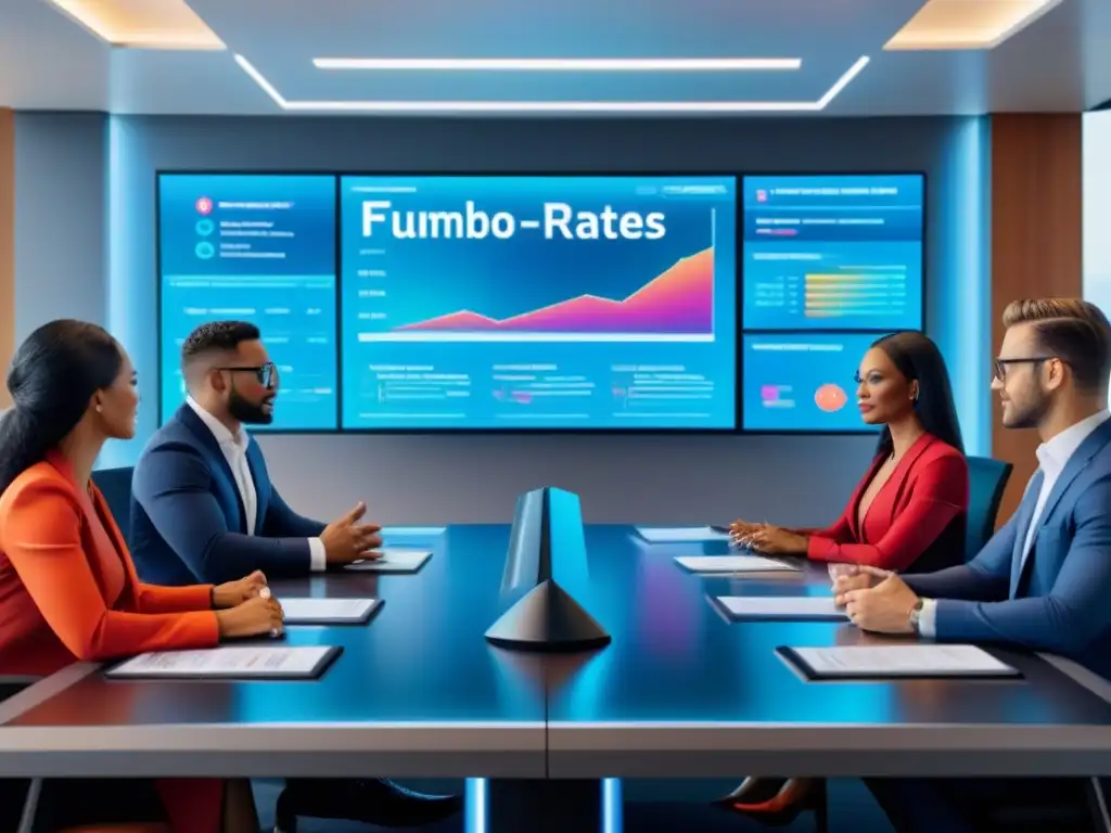 Negociación de préstamos jumbo: Profesionales diversos en sala futurista Profesionales diversos negocian tasas préstamos Jumbo en sala moderna con tecnología futurista