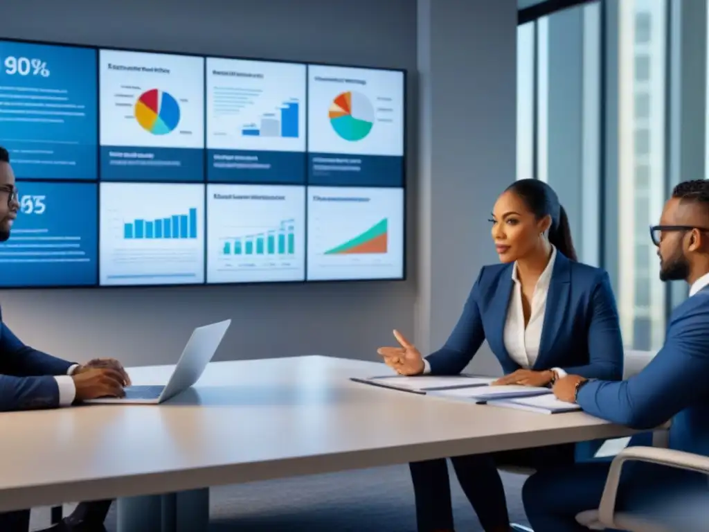 Profesionales diversificados en estrategias de riesgo inmobiliario Profesionales colaboran en técnicas mitigación riesgos préstamos inmobiliarios en oficina moderna