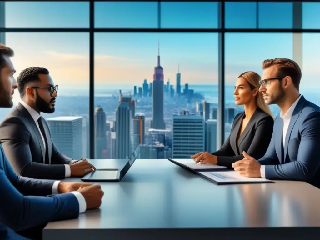 Profesionales debaten estrategias de mitigación de riesgos en bienes raíces Profesionales debaten técnicas mitigación riesgos préstamos inmobiliarios en oficina moderna con vista a la ciudad