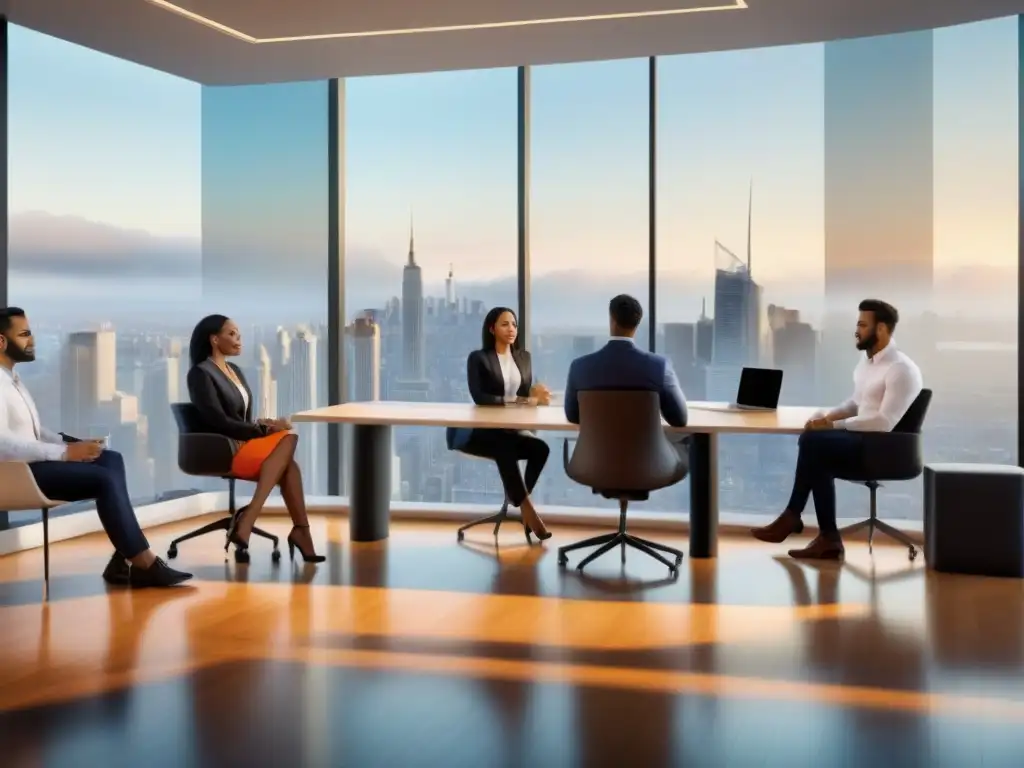 Profesionales diversos debaten tendencias inmobiliarias en oficina moderna Profesionales diversos discuten tendencias inmobiliarias en oficina moderna con vista a la ciudad