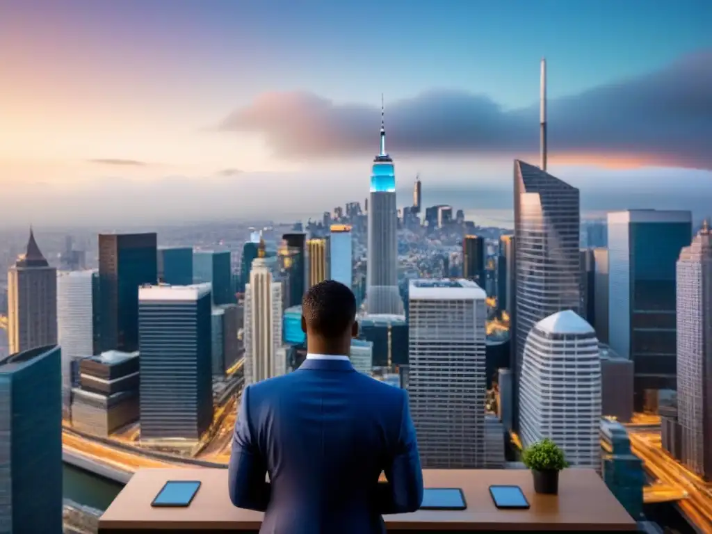 Skyline moderno con profesionales en auge económico Profesionales analizando tendencias mercado inmobiliario en economías emergentes
