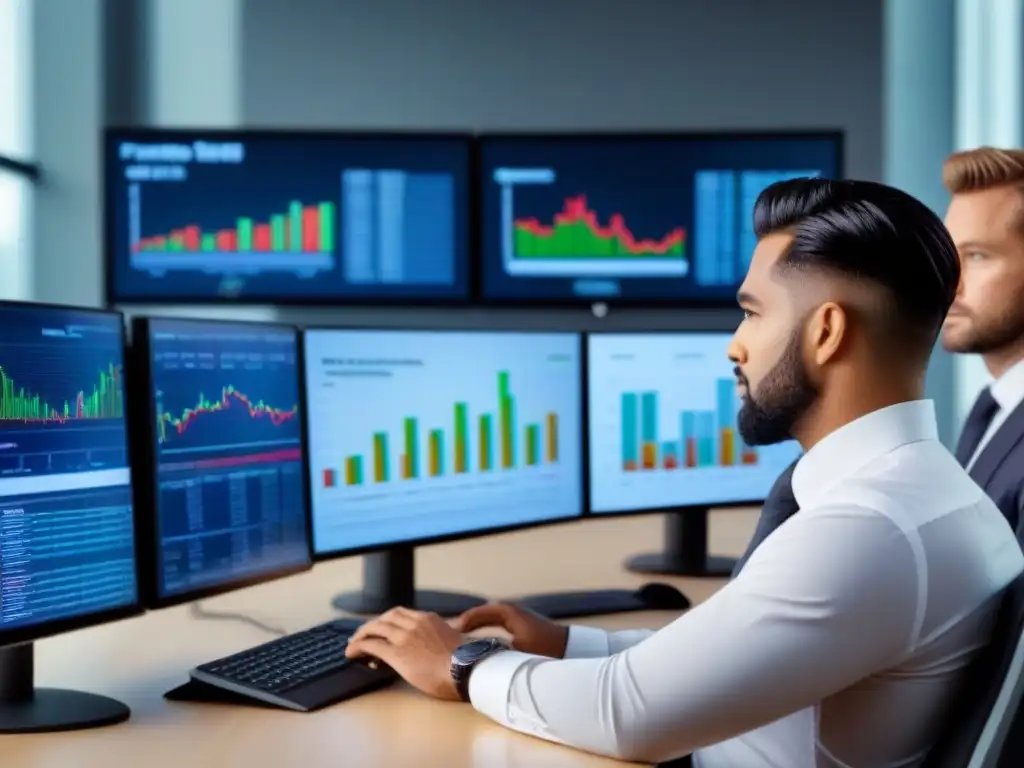 Profesionales analizan tendencias en oficina moderna Profesionales analizan tendencias de mercado en una oficina moderna, con gráficos de préstamo ajuste tasa mercado en pantallas