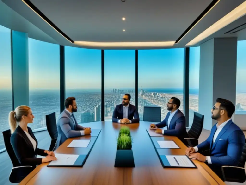 Negociación de Financiamiento Inmobiliario: Profesionales en Acción Profesionales negocian términos inmobiliarios con éxito en sala moderna