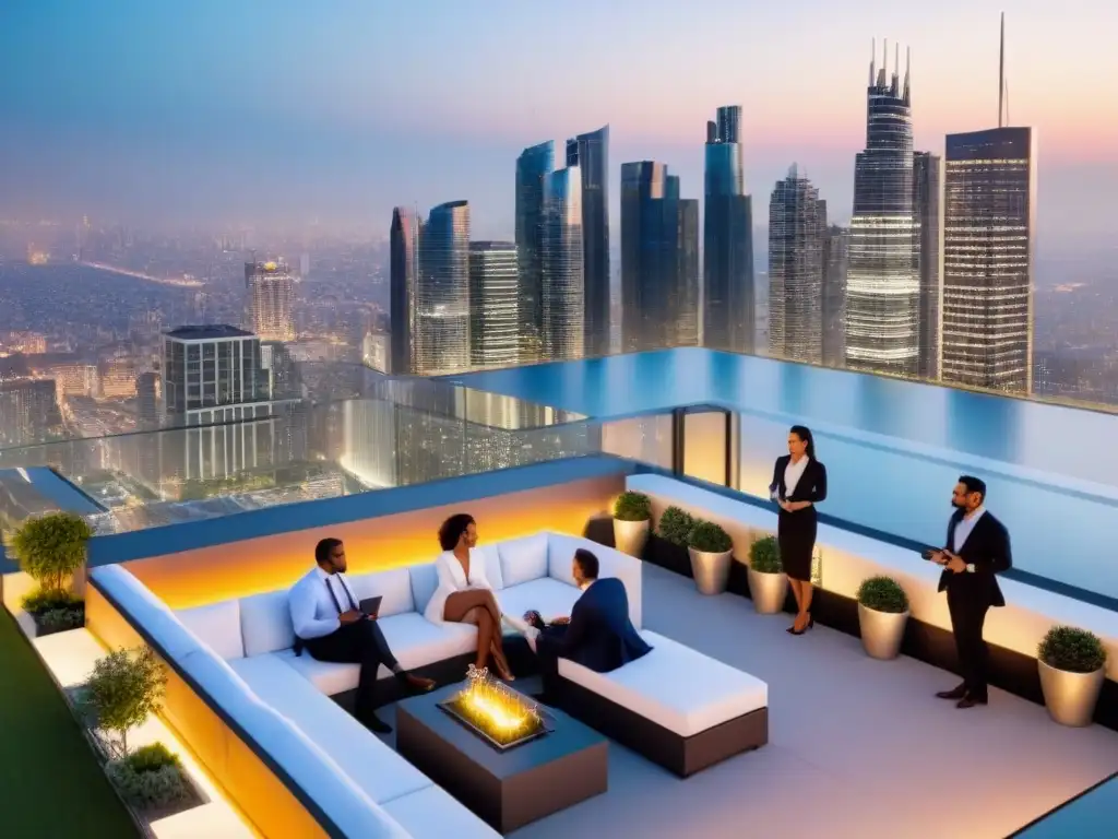 Profesionales colaborando en moderna terraza de ciudad al anochecer Profesionales en terraza moderna con vista ciudad iluminada