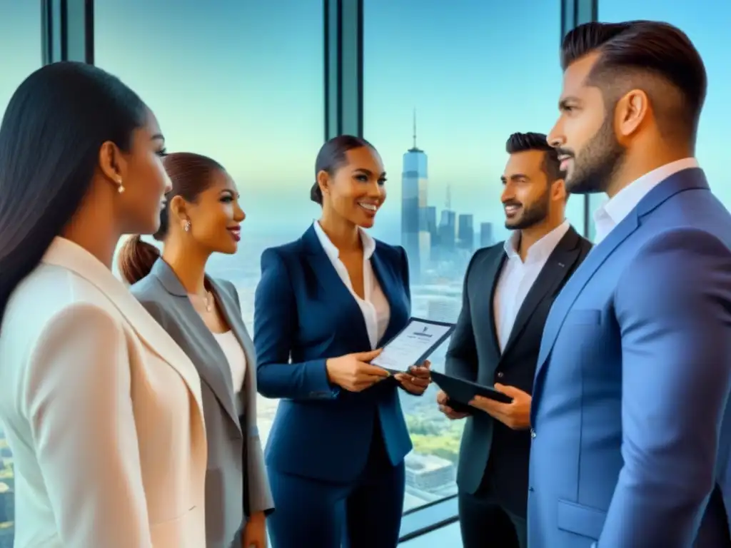 Profesionales de real estate en reunión: experticia y colaboración Profesionales en traje discuten inversiones inmobiliarias en moderna oficina con certificaciones en finanzas inmobiliarias