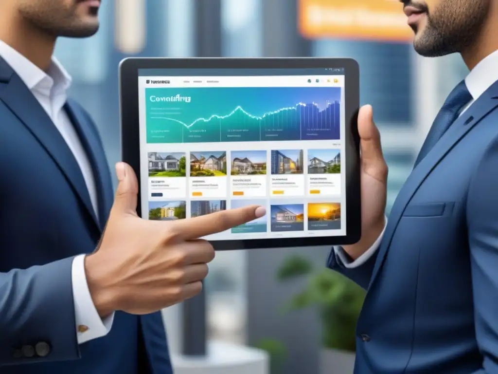 Innovación en Crowdfunding Inmobiliario: Profesionales en Acción Profesionales en traje colaboran en plataforma de financiamiento inmobiliario a través de crowdfunding