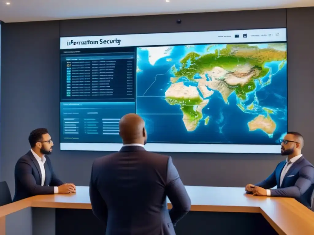 Profesionales analizan datos seguros en pantalla digital Profesionales en trajes de negocios observan datos de transacciones inmobiliarias encriptados en una pantalla digital