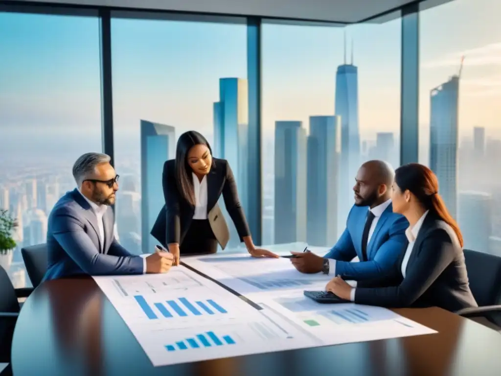 Reunión estratégica de inversores inmobiliarios Profesionales en trajes de negocios planificando estratégicamente para inversores inmobiliarios en una sala moderna con vista a la ciudad