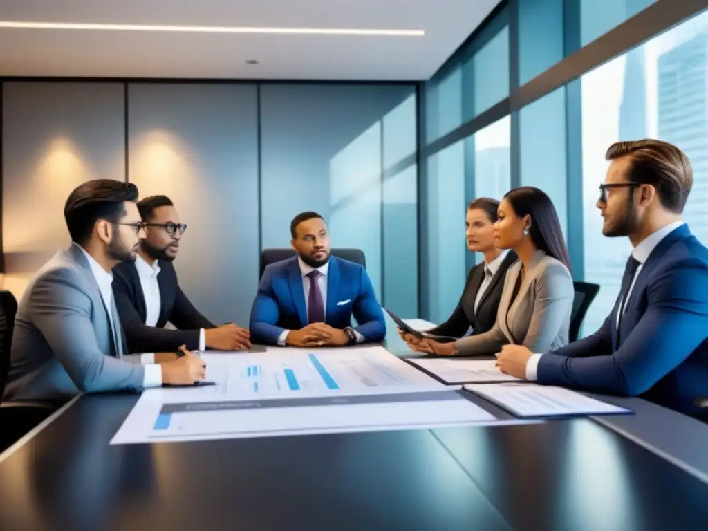 Profesionales discuten financiamiento inmobiliario Profesionales en trajes de negocios discuten opciones de financiamiento inmobiliario en una sala de conferencias moderna