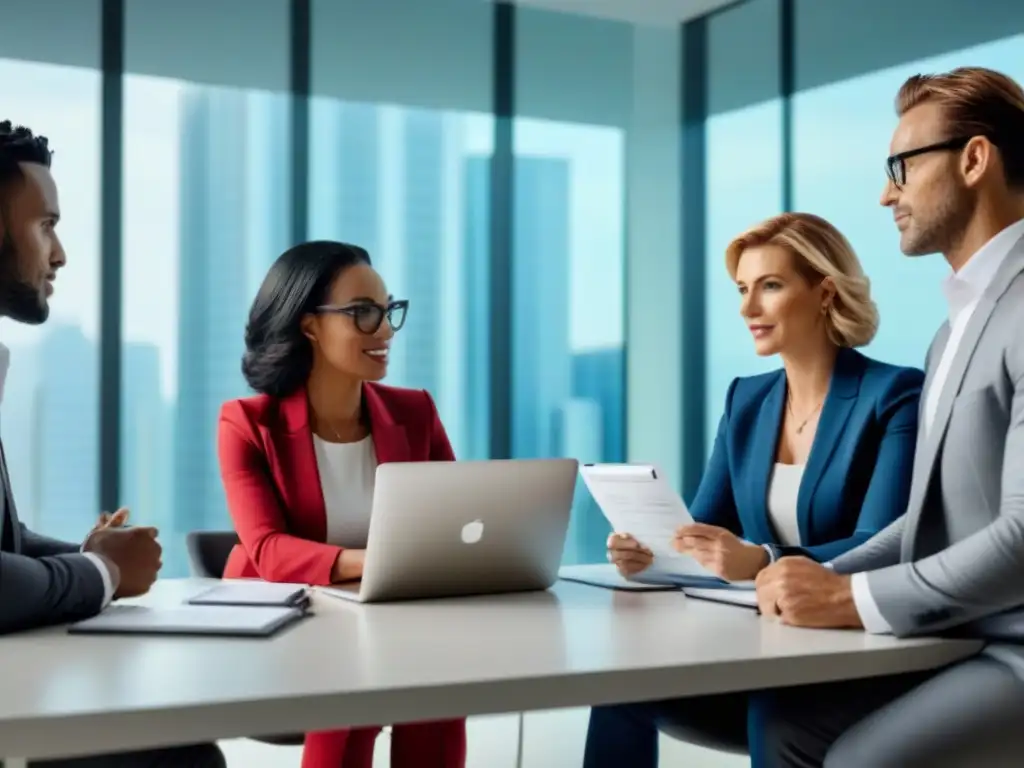 Profesionales expertos negociando hipotecas en oficina luminosa Profesionales discuten ventajas de hipotecas privadas flexibles en oficina luminosa con tecnología