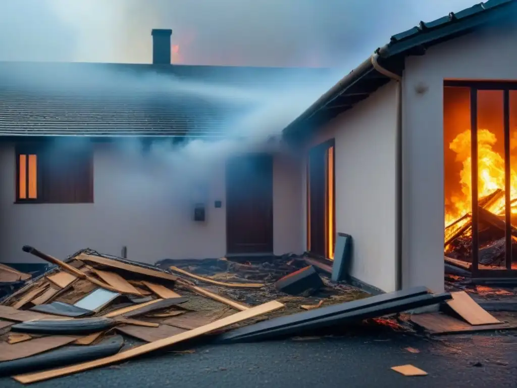 Propiedad residencial dañada: urgencia en seguro de hogar Propiedad afectada por incendio, con escombros y grietas
