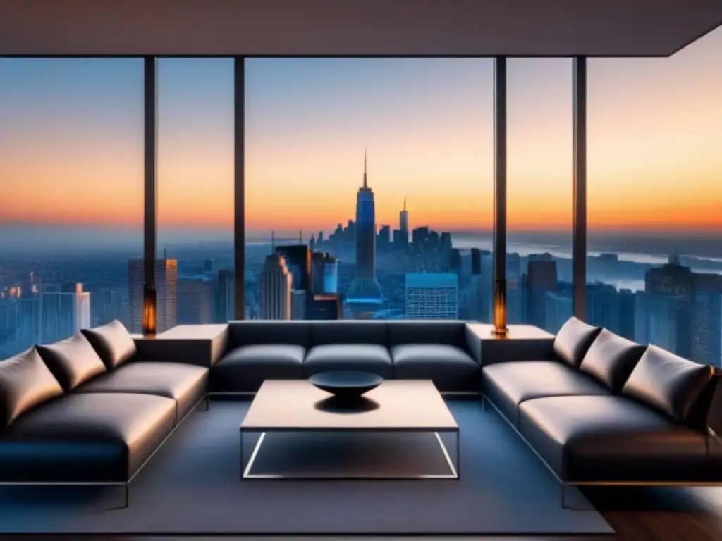 Refinanciar propiedad de alta gama con vista a la ciudad al atardecer en lujoso salón moderno