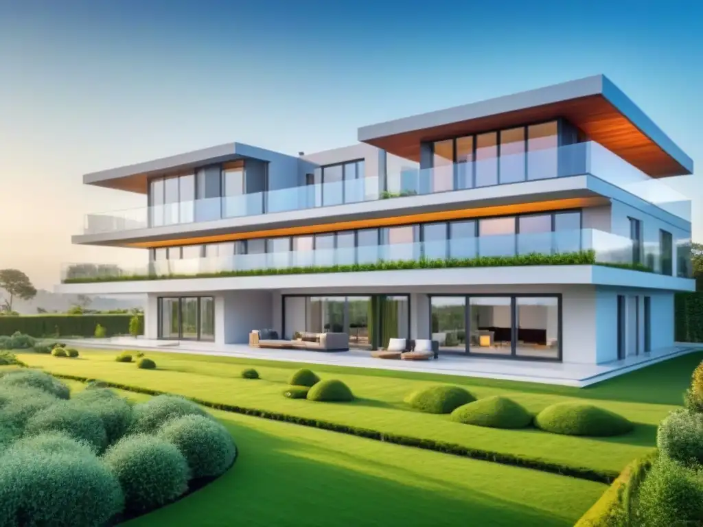 Residencia moderna y eficiente con paneles solares y jardín verde Propiedad ecoamigable con paneles solares, diseño moderno y paisaje verde en un día soleado