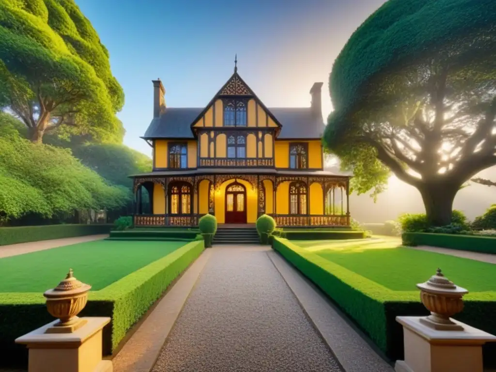 Propiedad histórica restaurada: detallada imagen en 8k Propiedad histórica restaurada con detalles arquitectónicos impresionantes y jardines exuberantes