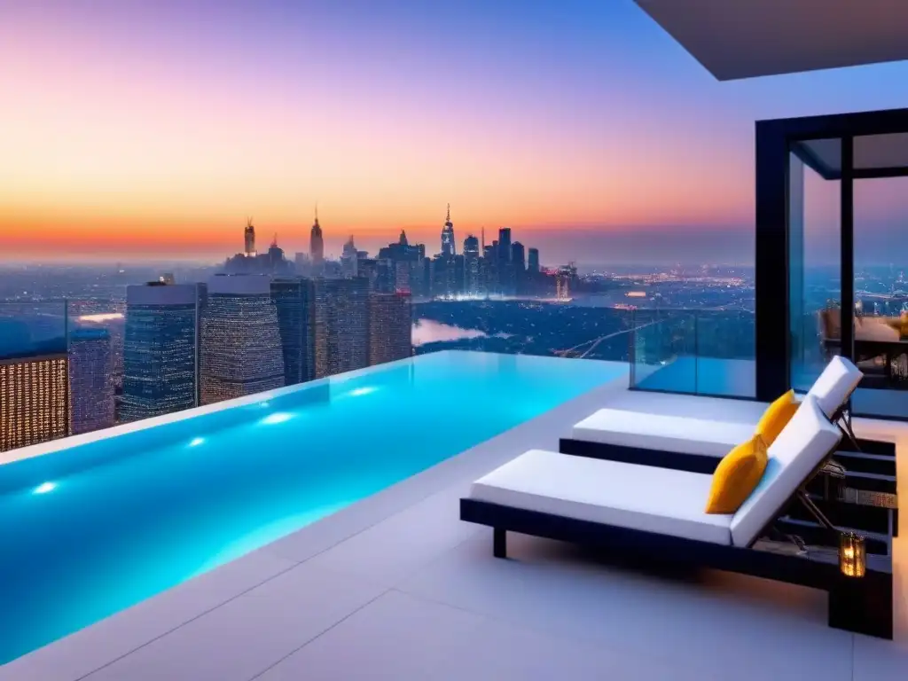 Penthouse de lujo con vistas panorámicas al atardecer Propiedad de lujo: ático moderno con vistas a la ciudad al atardecer, diseño contemporáneo y terraza con piscina privada